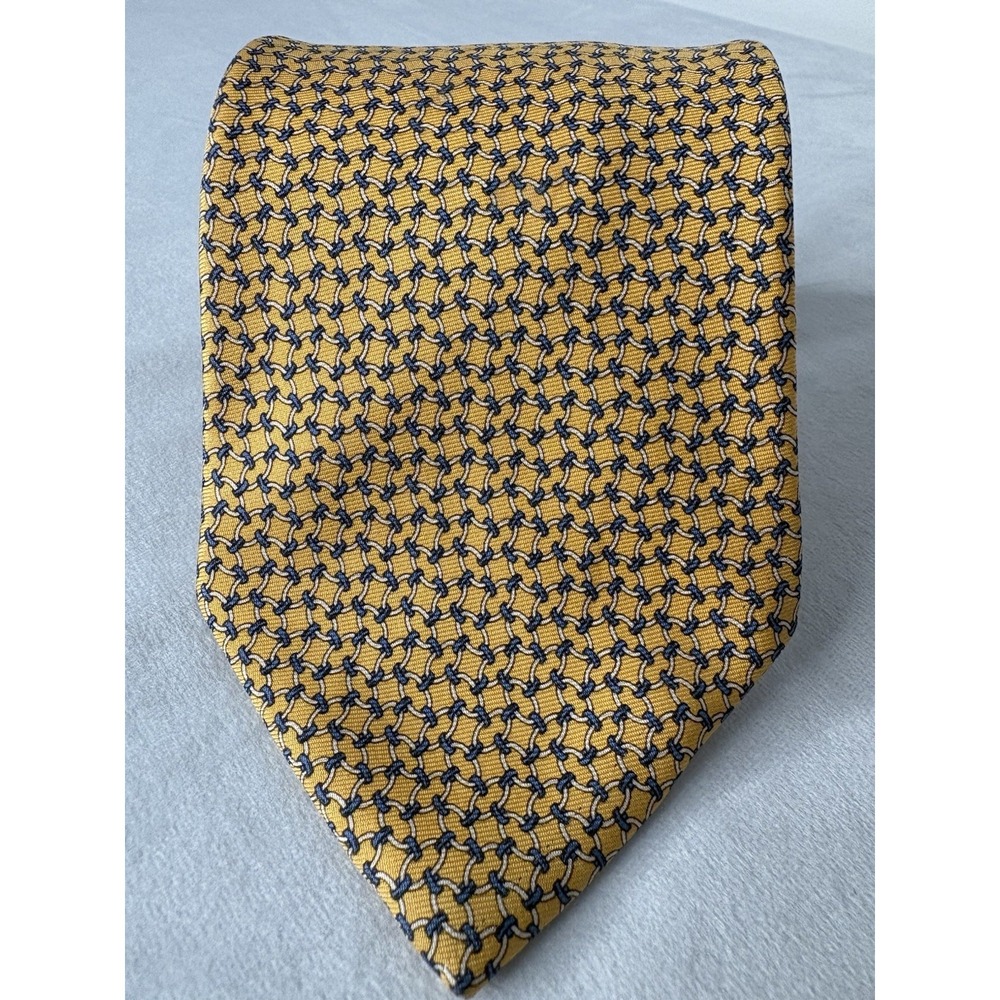 Brooks Brothers Makers 100% Silk Gold Blue  Geometric Pattern Tie USA